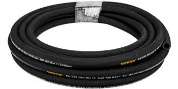 coiled black VEVOR hydraulic hose with yellow and white text markings.