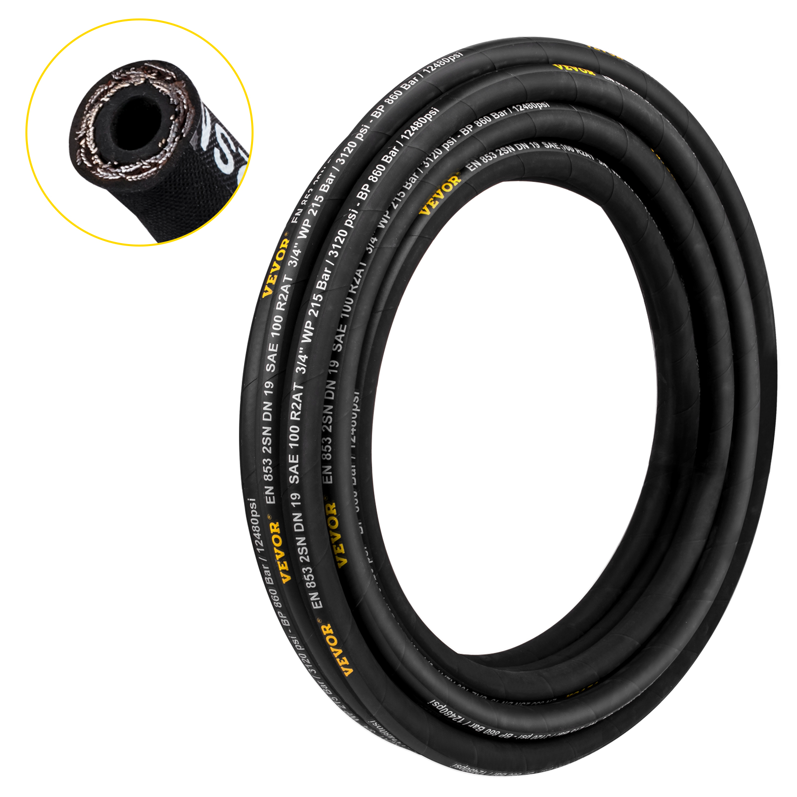 VEVOR hydraulic hose coiled with detailed cross-section insert.