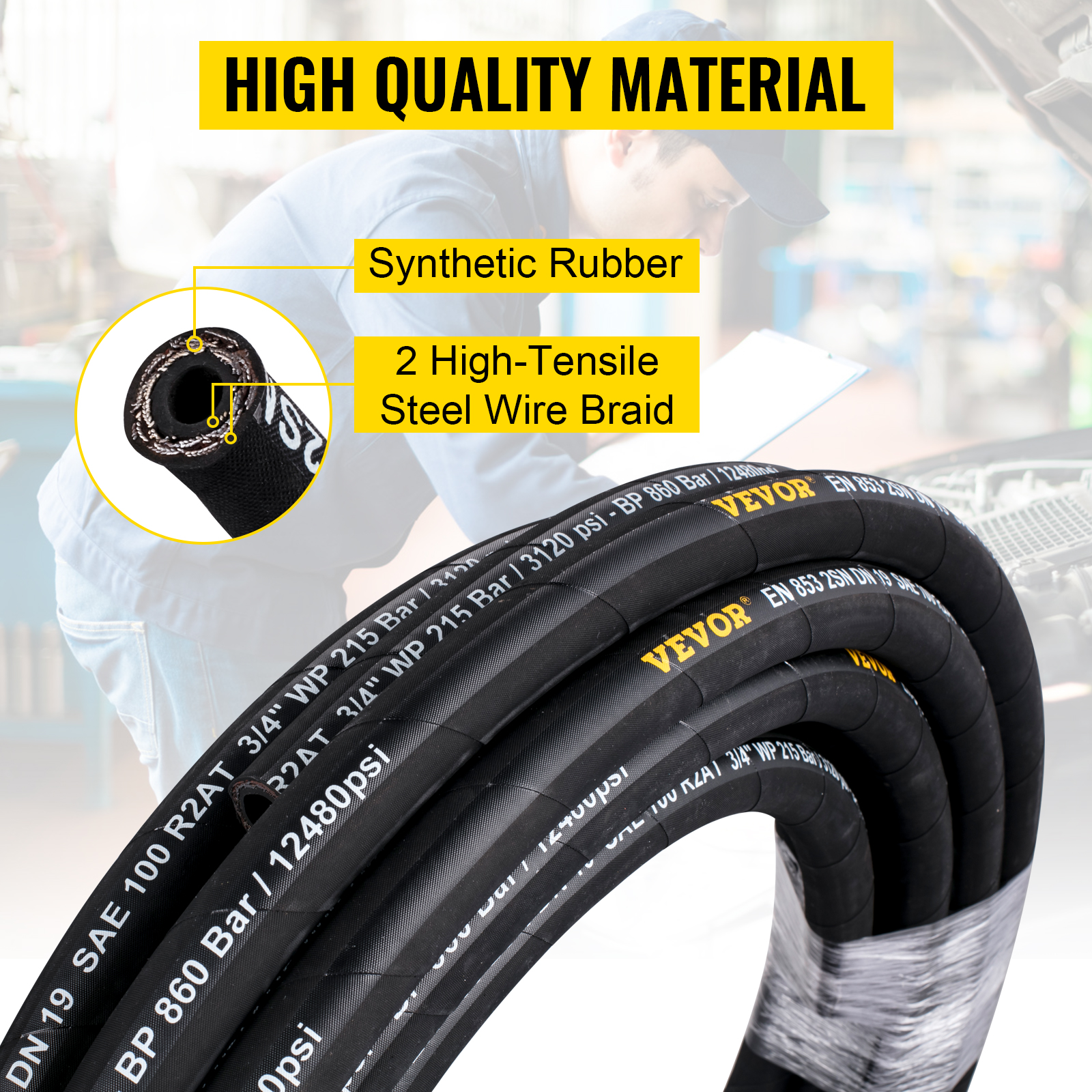 VEVOR hydraulic hose made of synthetic rubber with 2 high-tensile steel wire braids.