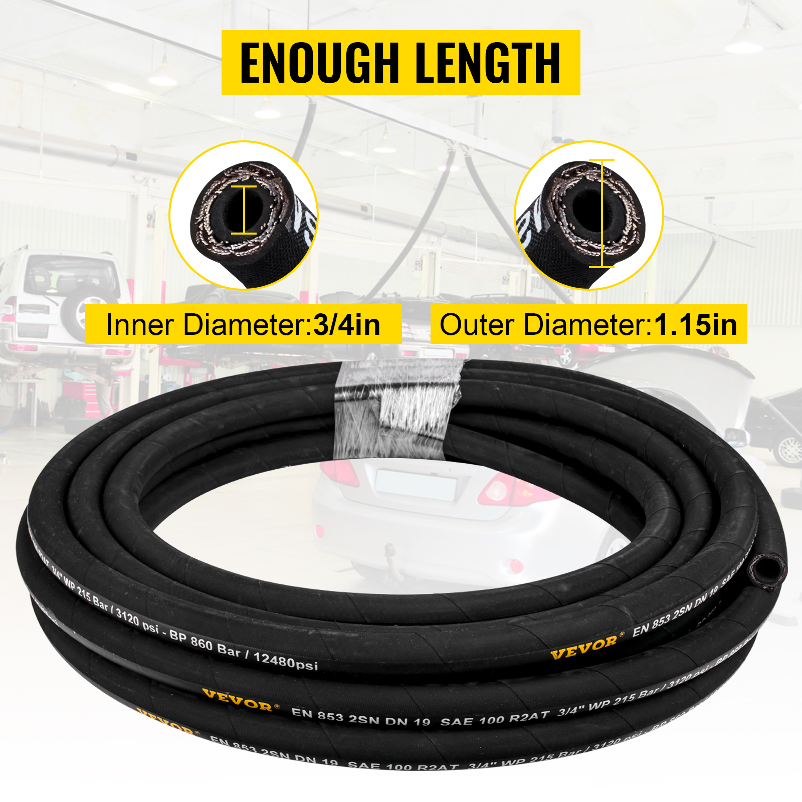 VEVOR hydraulic hose with 3/4in inner diameter and 1.15in outer diameter.