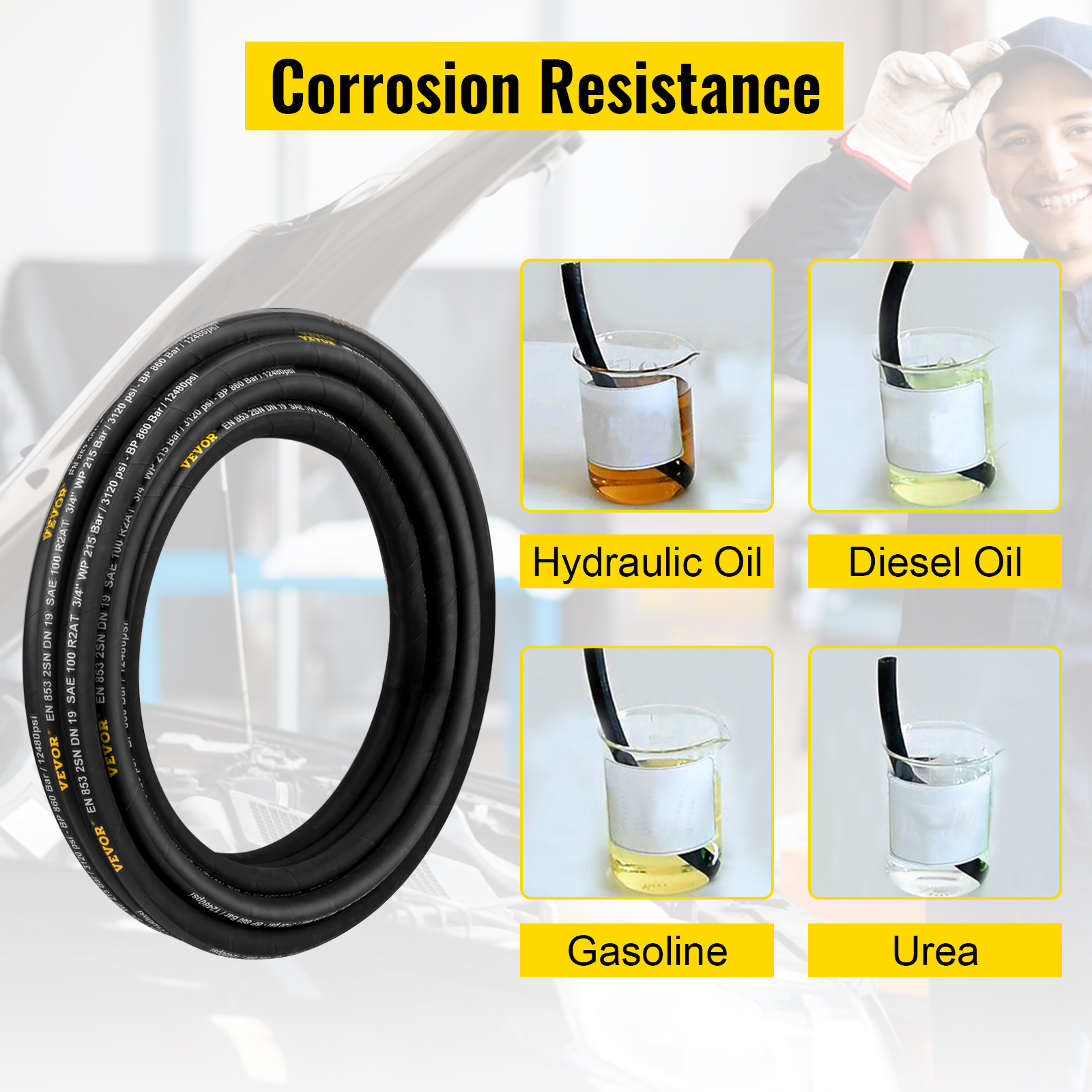 VEVOR hydraulic hose demonstrating corrosion resistance in hydraulic oil, diesel, gasoline, and urea.