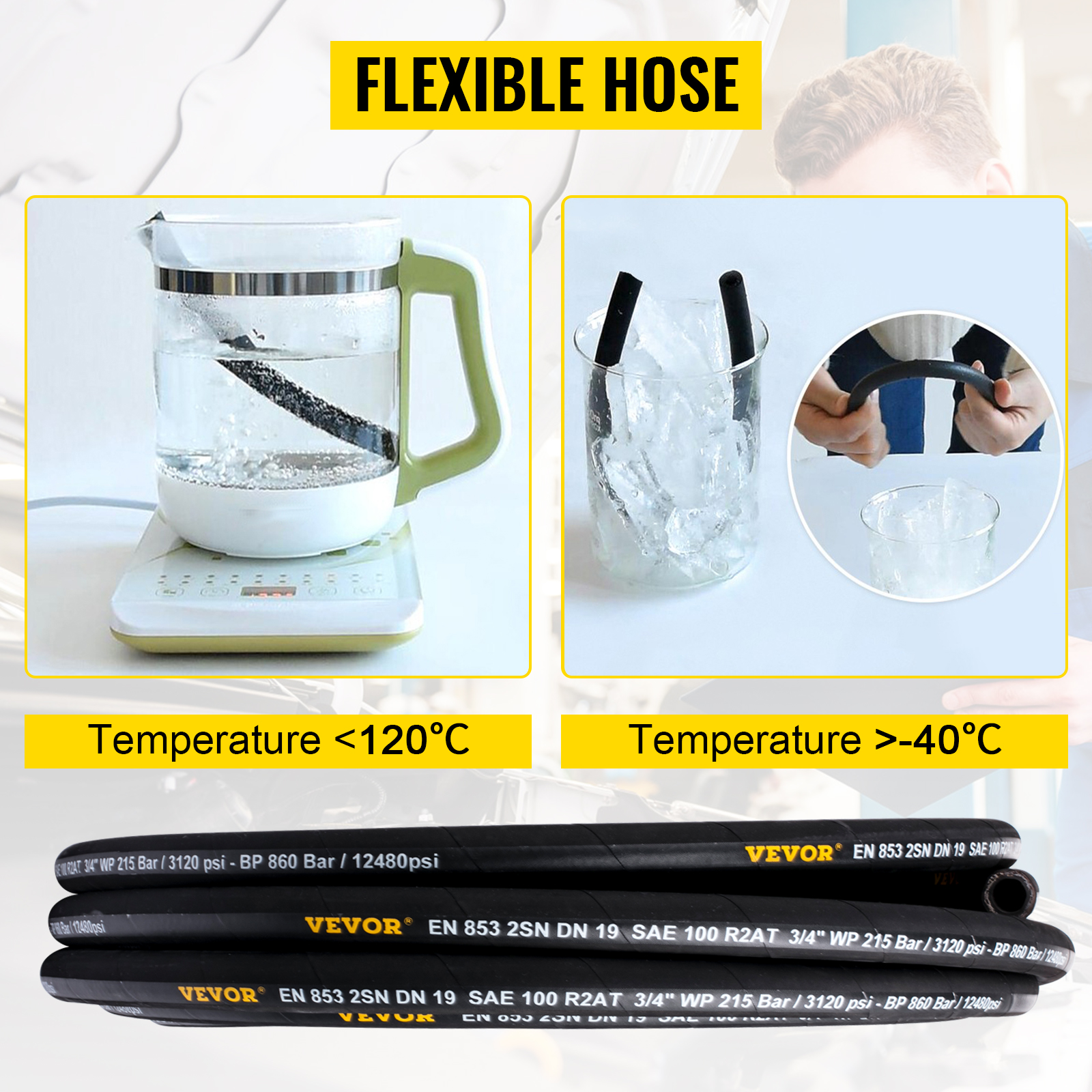 VEVOR hydraulic hose with boiling water and ice, demonstrating temperature resistance.