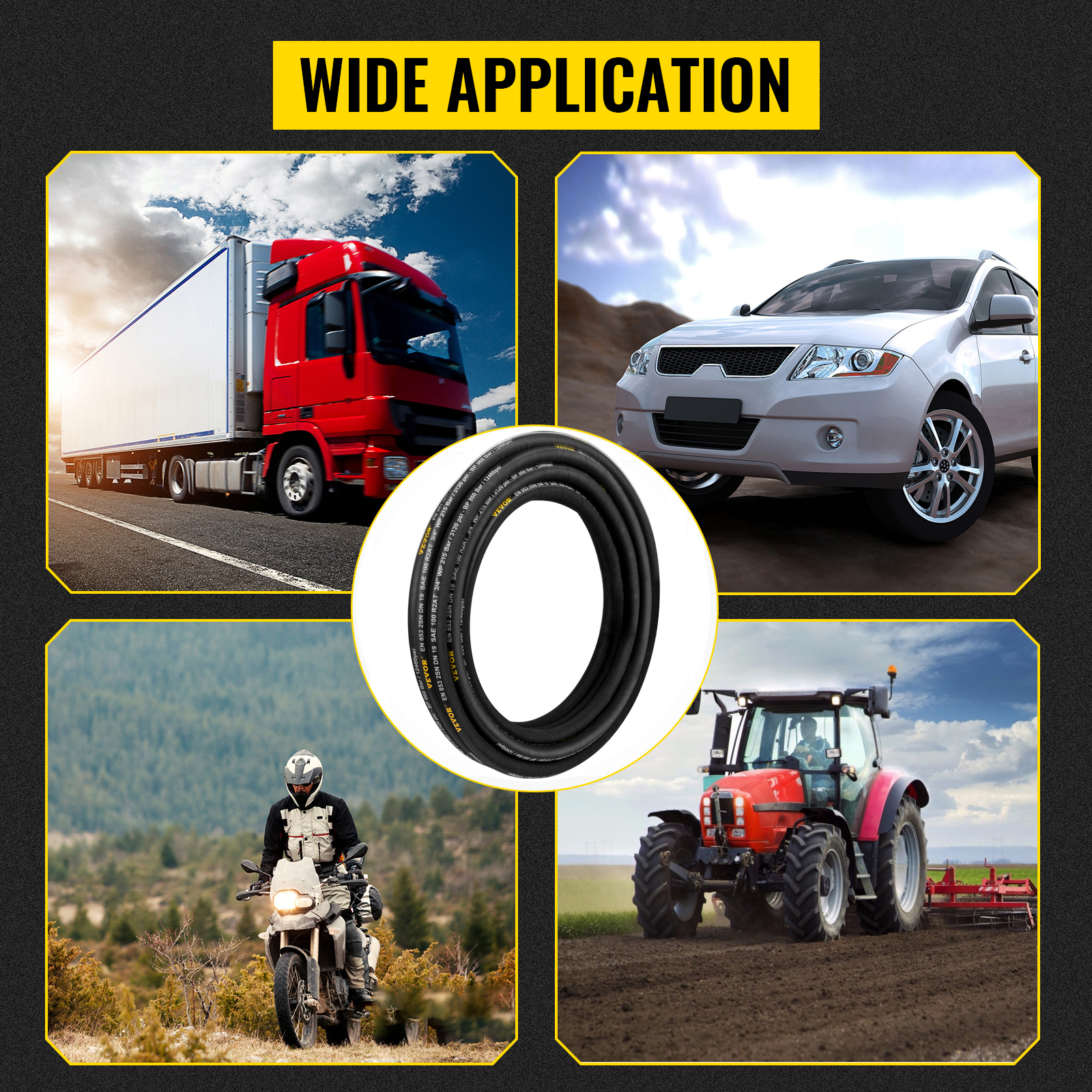 wide application of VEVOR hydraulic hose for trucks, cars, motorcycles, and tractors.
