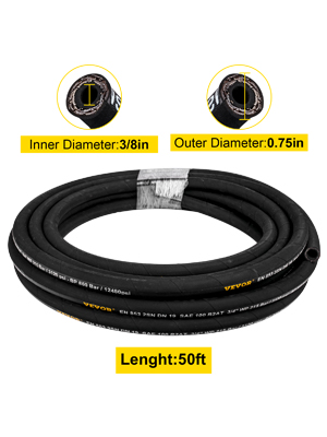 VEVOR hydraulic hose, 50ft length, 3/8in inner diameter, 0.75in outer diameter