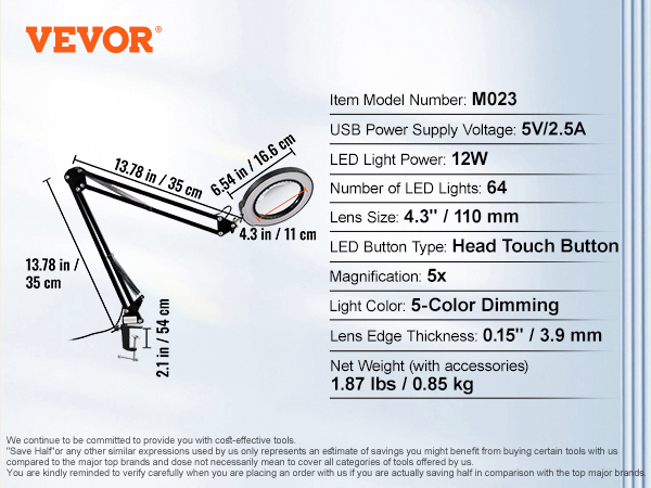 VEVOR palielināmā lampa m023 ar 5x palielinājumu, 12W LED, 5 krāsu aptumšošana, galvas skārienpoga.
