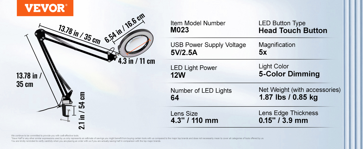 VEVOR palielināmā lampa m023 ar 5x palielinājumu, 12W LED, 5 krāsu aptumšošana, galvas skārienpoga.