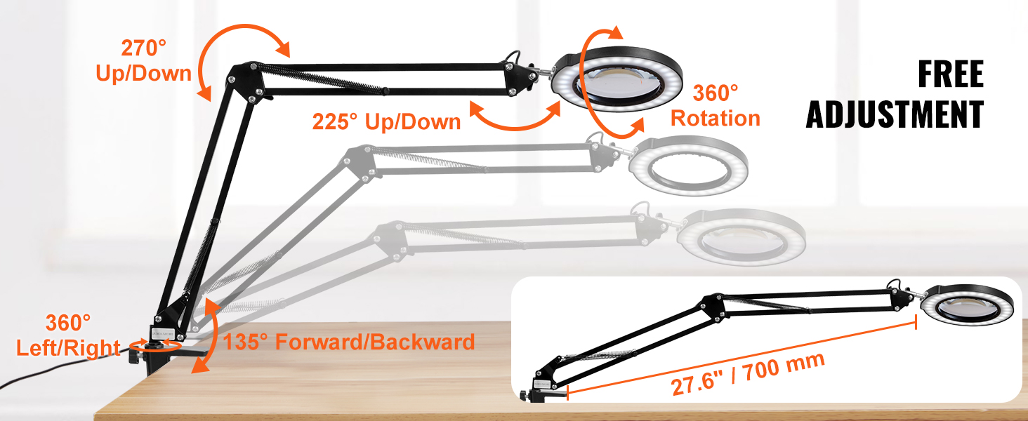 VEVOR palielināmā lampa ar regulējamiem leņķiem: 270° uz augšu/uz leju, 225° uz augšu/uz leju, 360° rotācija un 135° uz priekšu/atpakaļ.