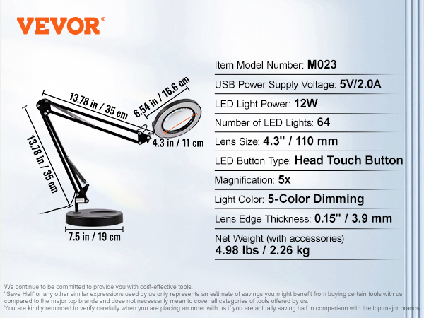 VEVOR magnifying lamp with 5x magnification, 64 leds, and 5-color dimming. adjustable arm and 4.3" lens.