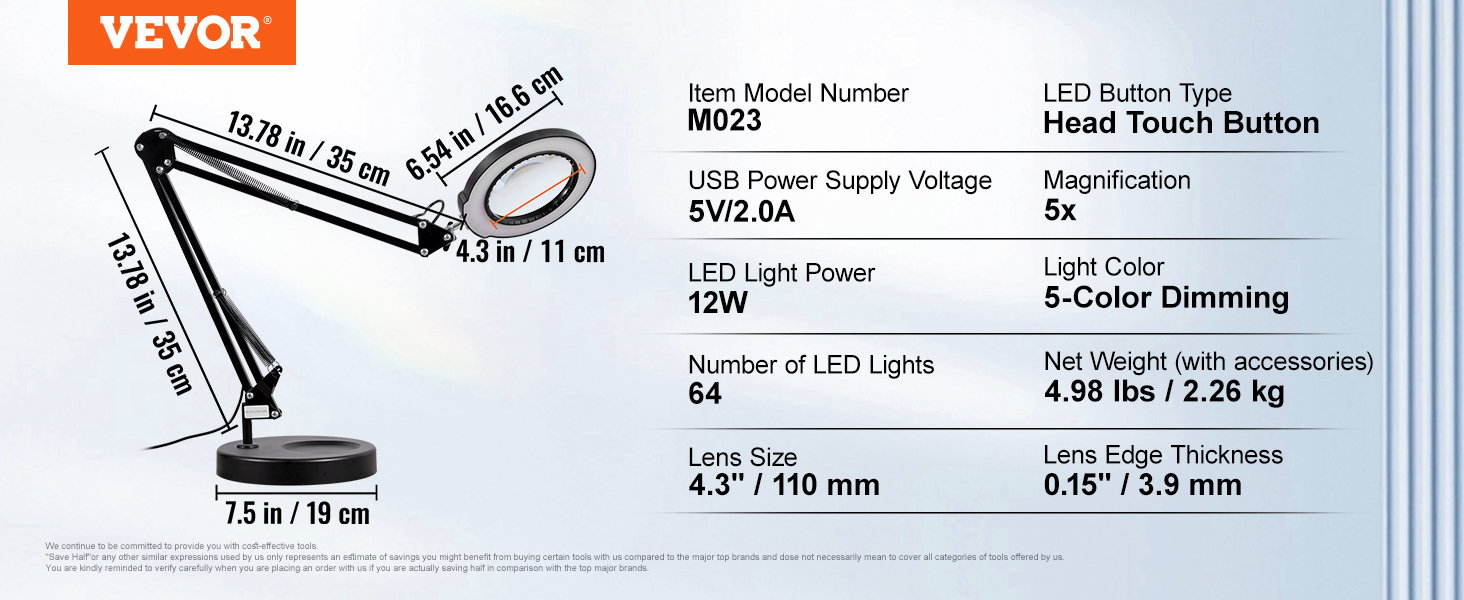 VEVOR magnifying lamp with 5x magnification, 64 leds, and 5-color dimming. adjustable arm and 4.3" lens.