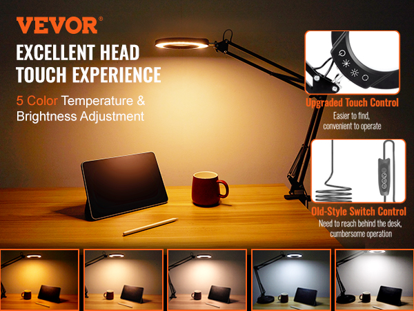 VEVOR magnifying lamp with adjustable color temperature and touch control near laptop and coffee mug.