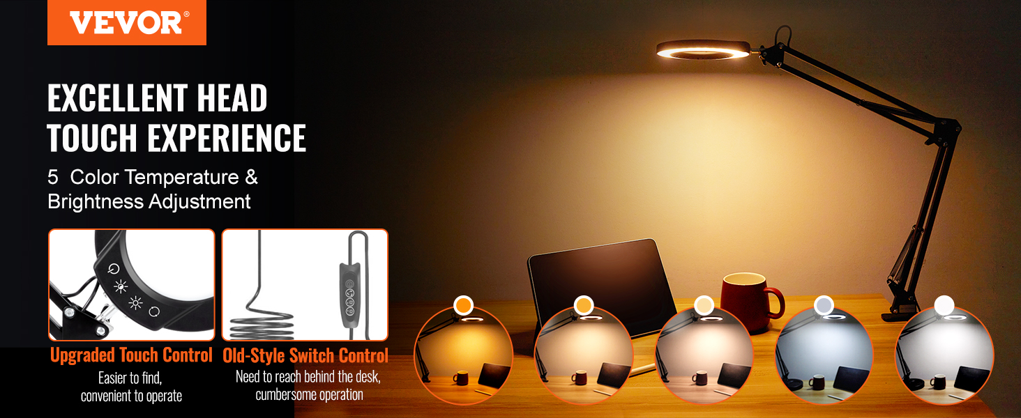 VEVOR magnifying lamp with adjustable color temperature and touch control near laptop and coffee mug.