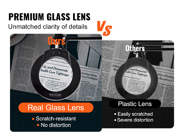 VEVOR magnifying lamp with premium glass lens, scratch-resistant, no distortion vs plastic lens.