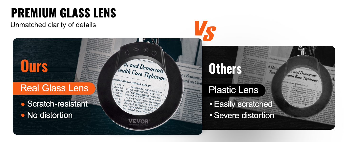 VEVOR magnifying lamp with premium glass lens, scratch-resistant, no distortion vs plastic lens.