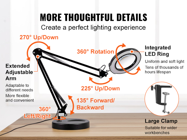 VEVOR magnifying lamp with adjustable arm, large clamp, and 360° rotation for optimal lighting.