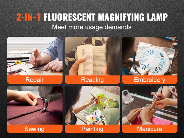 2-in-1 fluorescent magnifying lamp for repair, reading, embroidery, sewing, painting, and manicure.