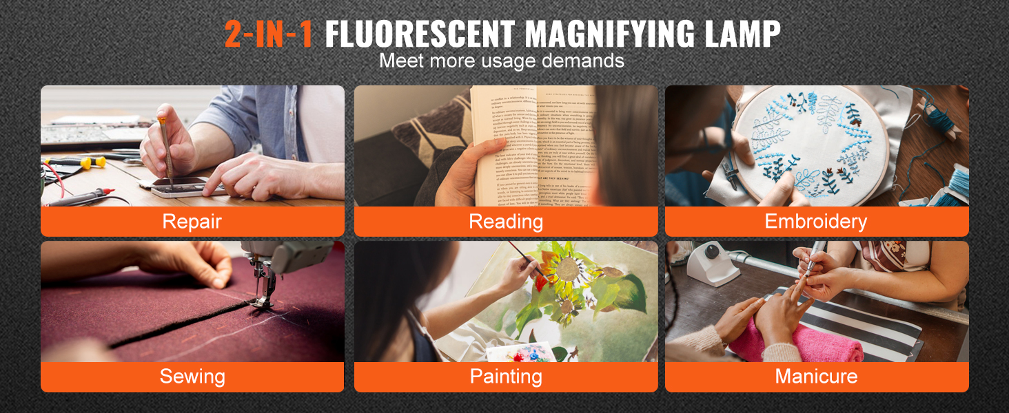 2-in-1 fluorescent magnifying lamp for repair, reading, embroidery, sewing, painting, and manicure.