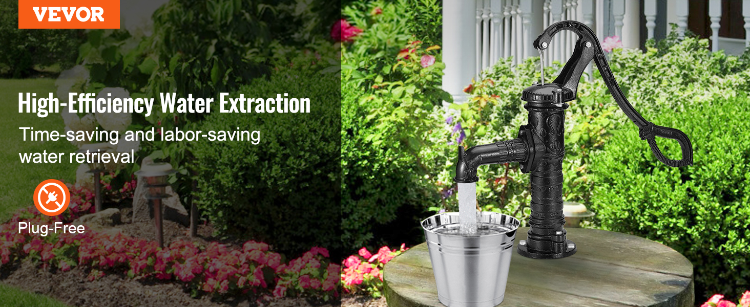VEVOR antique hand water pump in a garden setting with a bucket and flowers.
