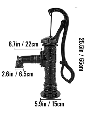 VEVOR antique hand water pump with detailed measurements in black.