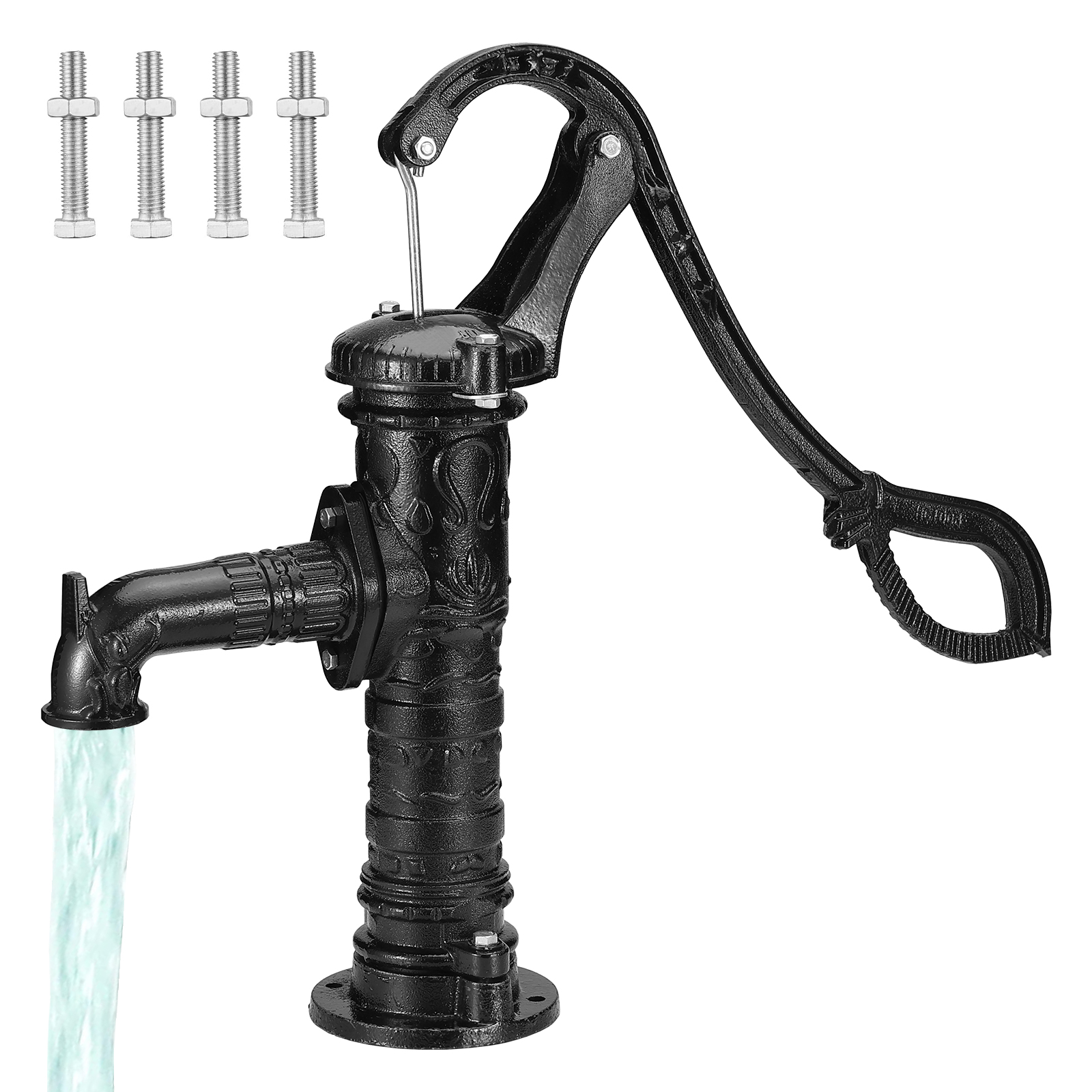 black VEVOR antique hand water pump with intricate design, bolts included.