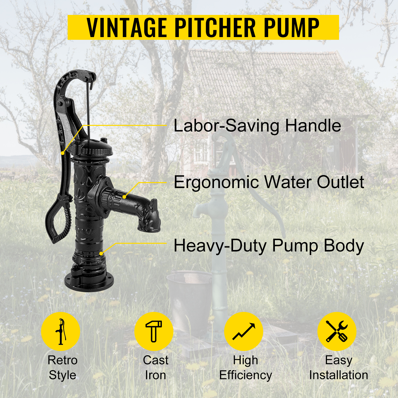 VEVOR antique hand water pump with labor-saving handle, ergonomic outlet, and heavy-duty body.