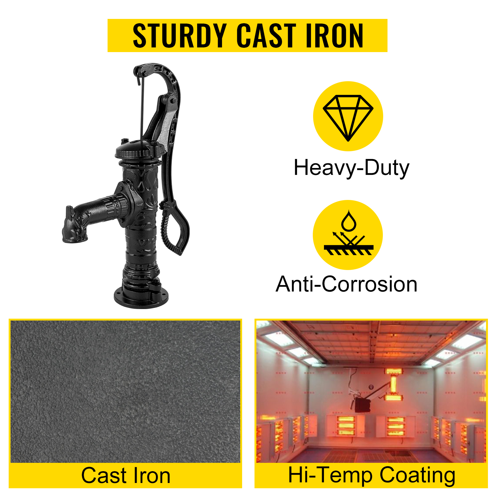 VEVOR antique hand water pump showing heavy-duty cast iron and anti-corrosion features.