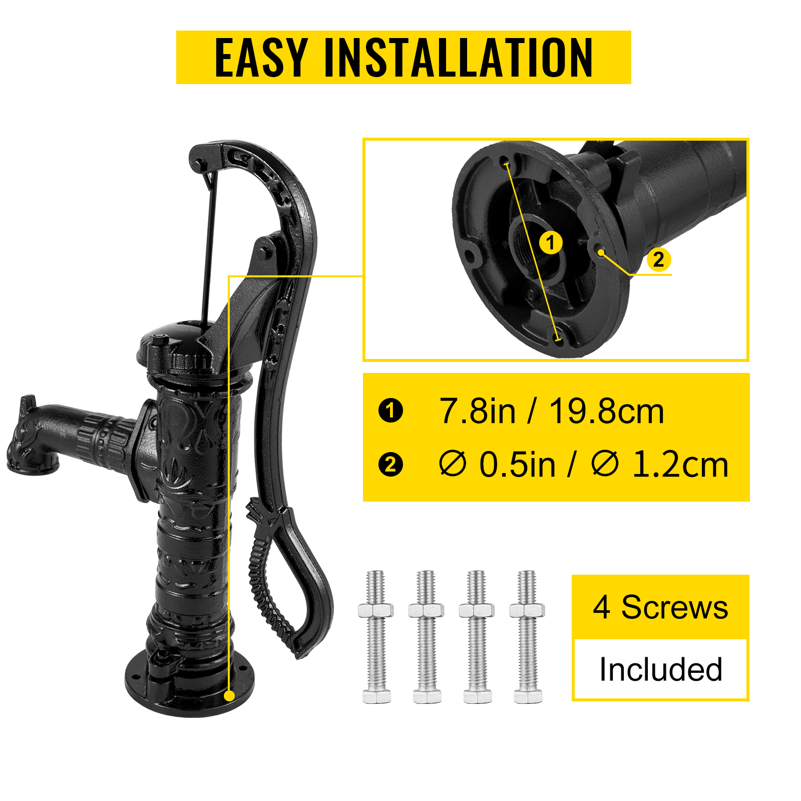 VEVOR antique hand water pump with easy installation instructions and included screws.