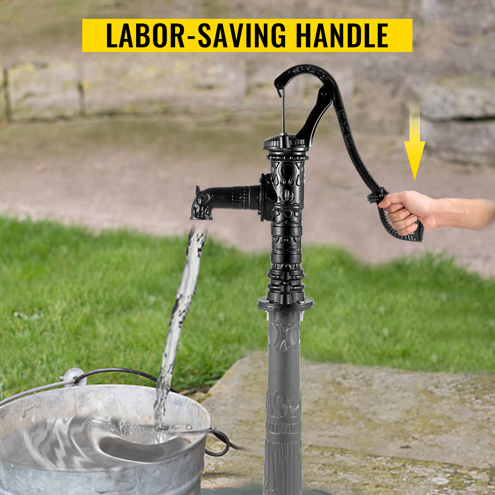 VEVOR antique hand water pump with labor-saving handle filling a bucket outdoors.
