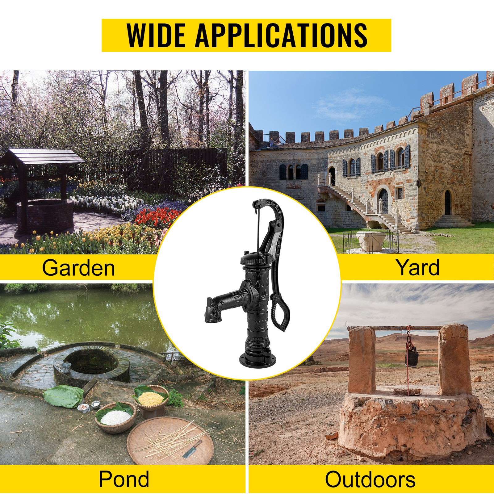 VEVOR antique hand water pump in garden, yard, pond, and outdoor settings.