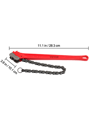 VEVOR chain wrench with red handle and extended black chain, dimension markings shown.