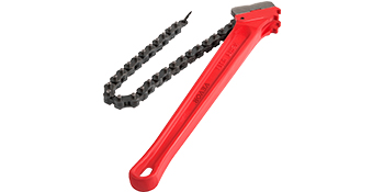 red VEVOR chain wrench with a black adjustable chain attached.