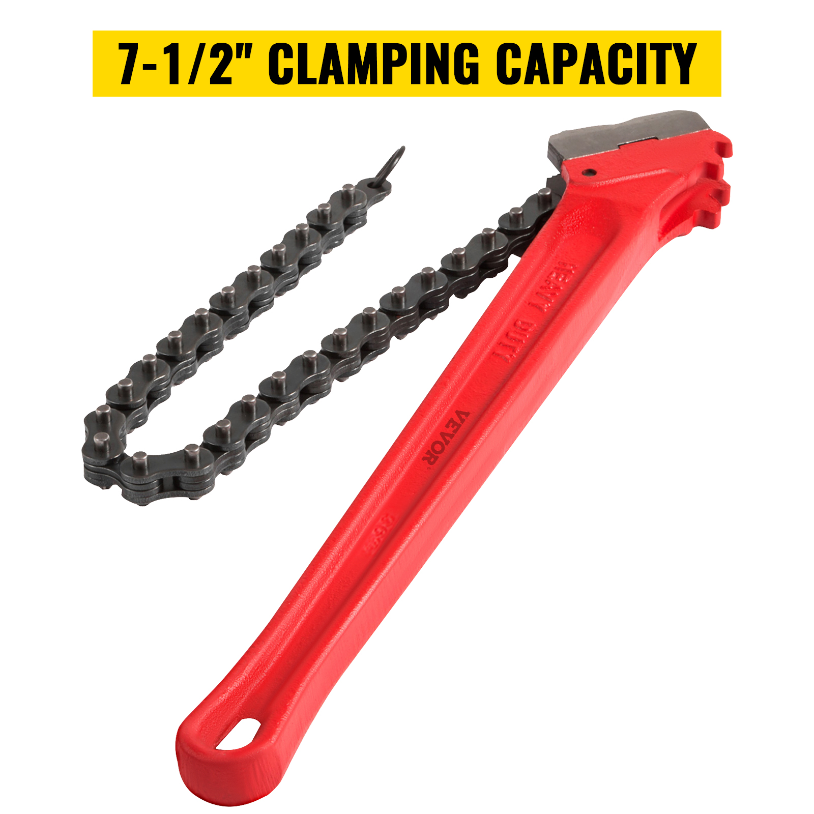 VEVOR chain wrench with 7-1/2" clamping capacity, red handle, black chain