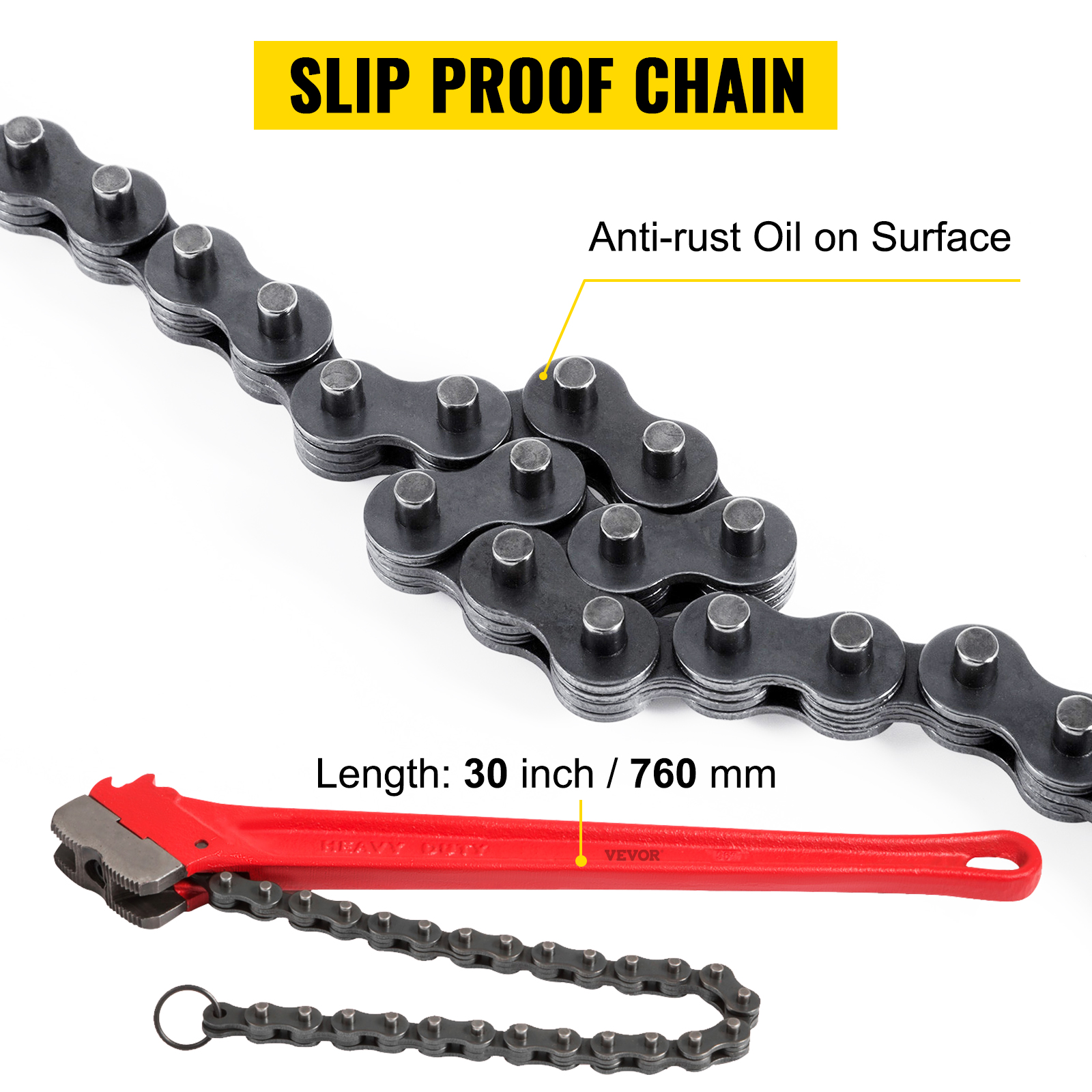 VEVOR chain wrench 30-inch with slip-proof, anti-rust chain and red handle.