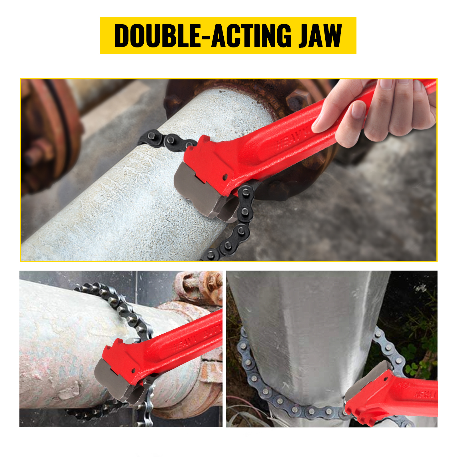 VEVOR chain wrench tightening pipes with a double-acting jaw design.