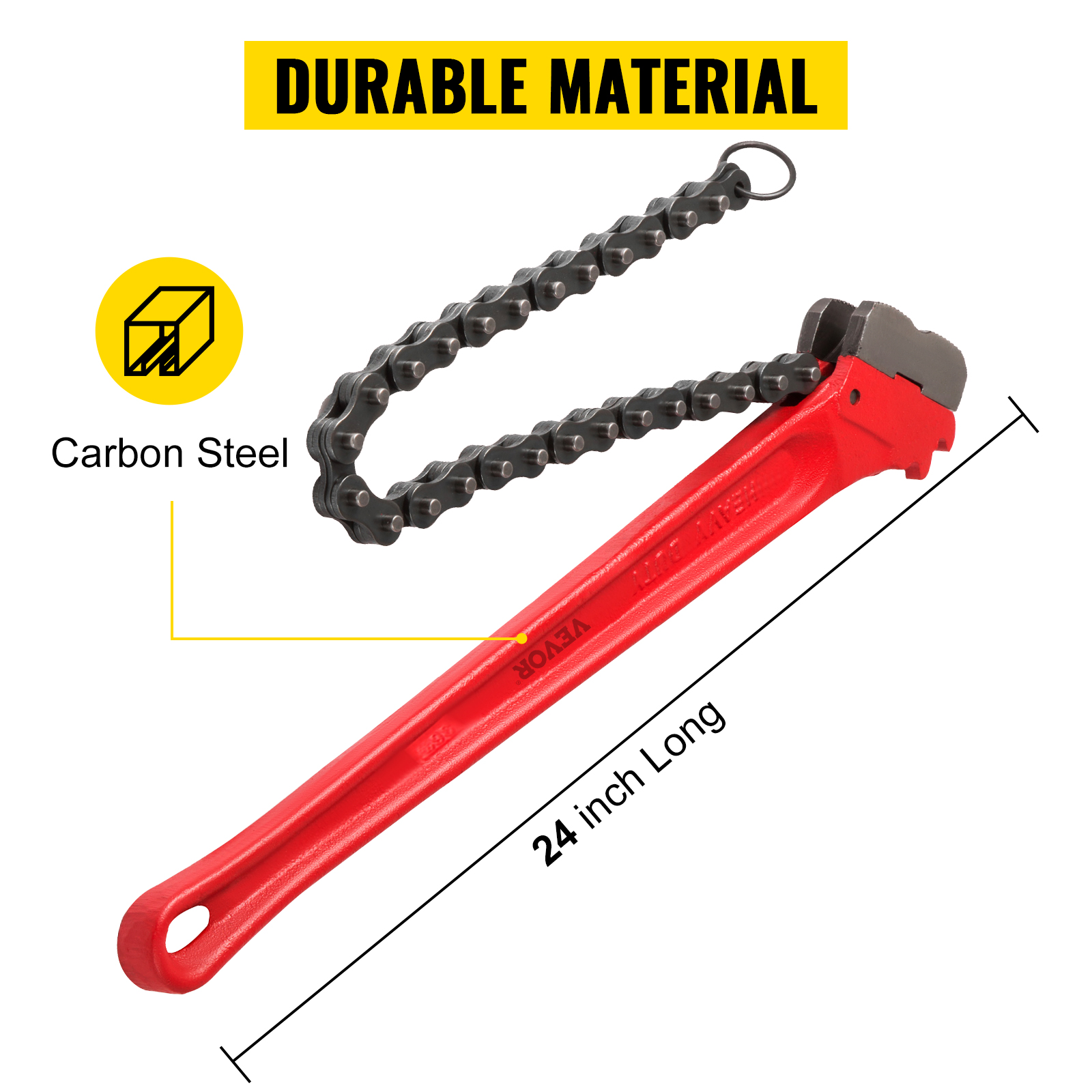 VEVOR chain wrench, 24-inch carbon steel, durable material.