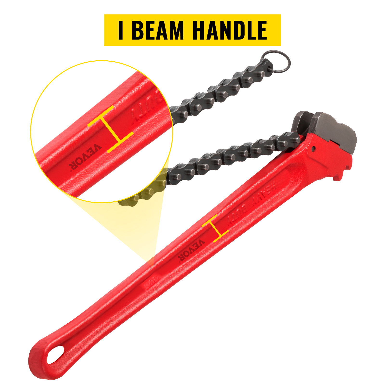 VEVOR chain wrench with red i beam handle and black chain, highlighting handle details.