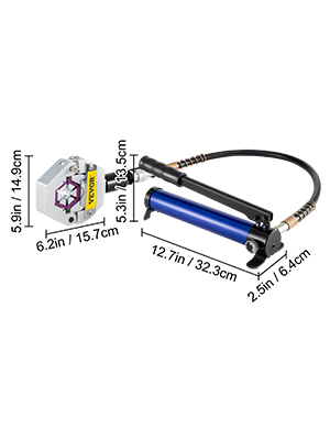 VEVOR ac hose crimper with blue handle, dimensions labeled in inches and centimeters.