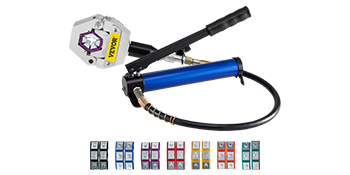 VEVOR ac hose crimper with hydraulic pump and multiple die sets in various colors.