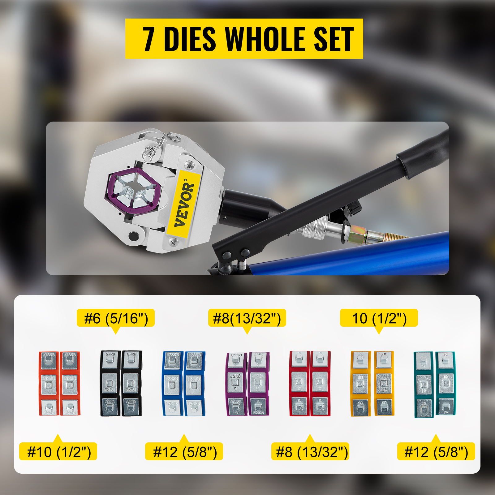 VEVOR ac hose crimper with 7 die set for various hose sizes and colors.