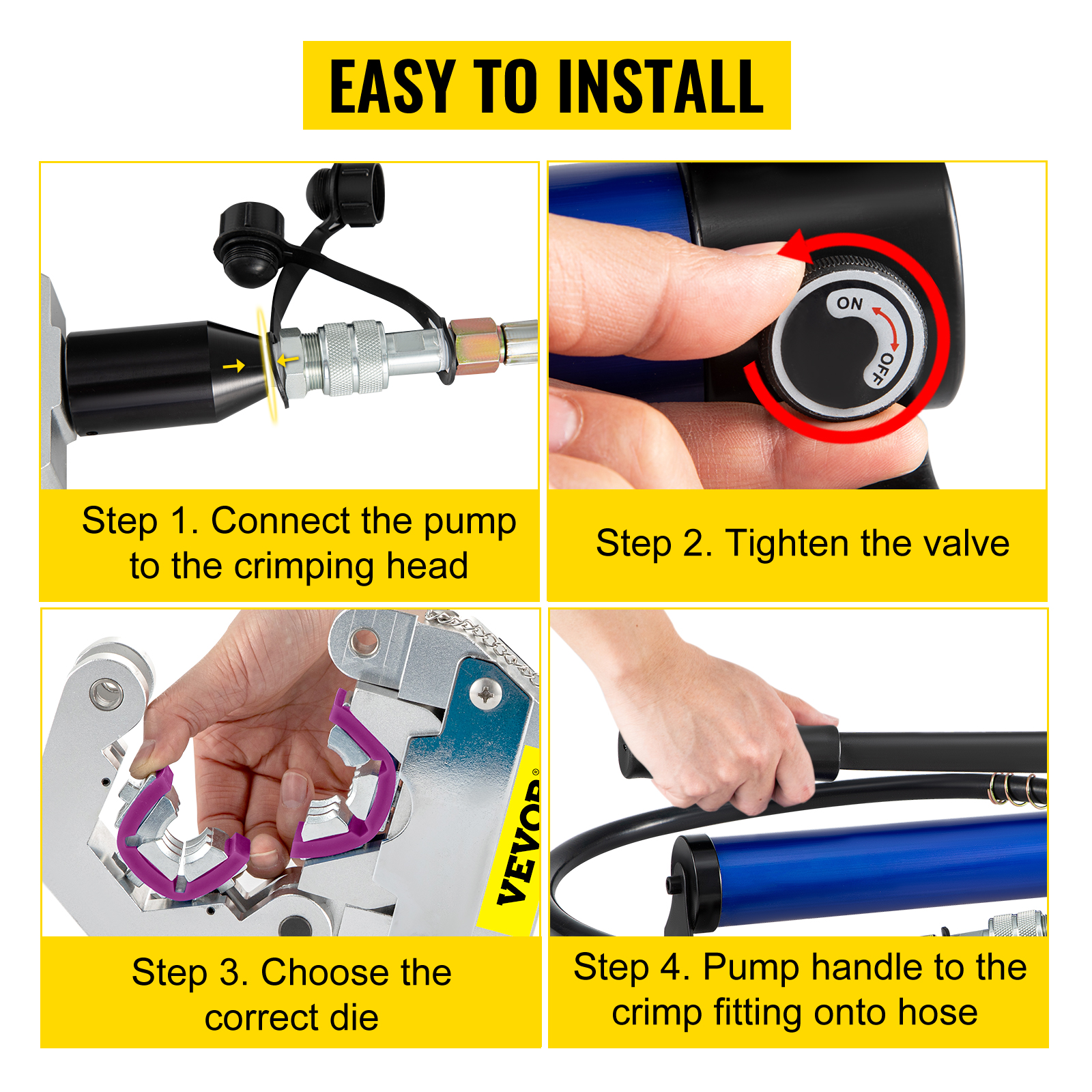 VEVOR ac hose crimper installation steps: connect, tighten valve, choose die, pump handle.