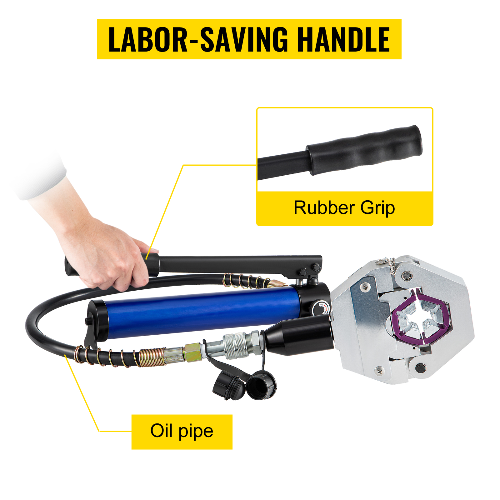 VEVOR ac hose crimper with labor-saving handle, rubber grip, and oil pipe.