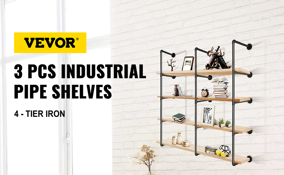 VEVOR industrial pipe shelves, 4-tier iron with wooden shelves against a white brick wall.