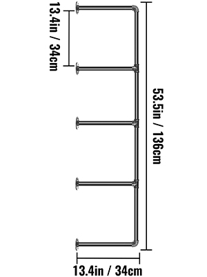 VEVOR industrial pipe shelves, 53.5in high, 13.4in wide, four horizontal bars.
