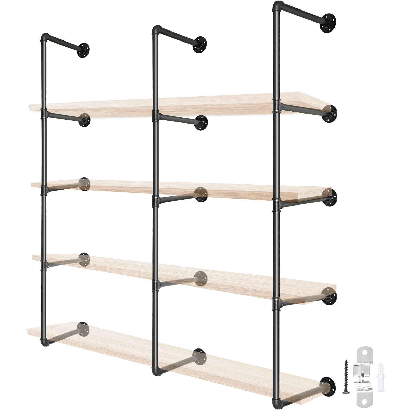 VEVOR industrial pipe shelves with black metal pipes and wooden shelves.