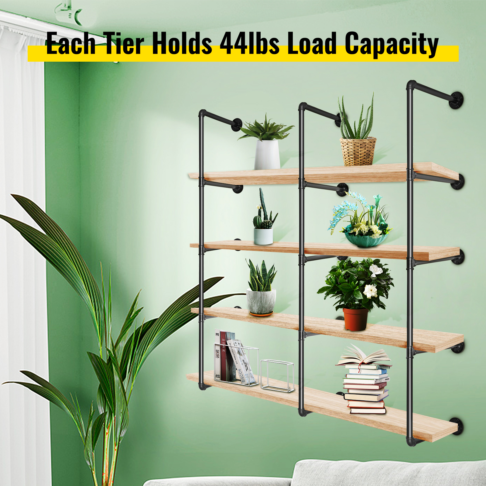 VEVOR industrial pipe shelves holding plants and books against a green wall.