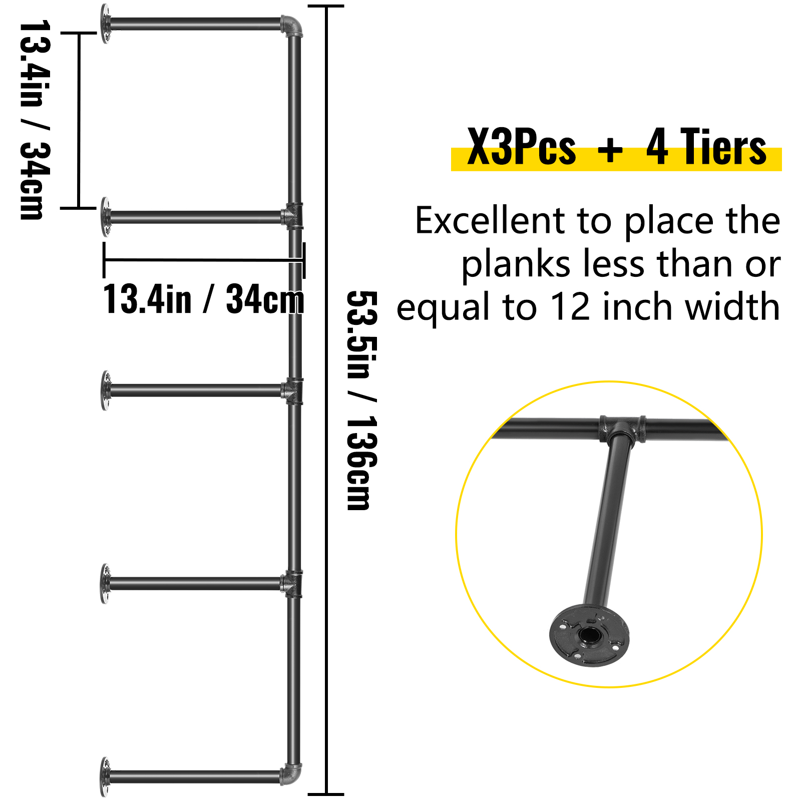 VEVOR industrial pipe shelves with 4 tiers, 53.5in height, and 13.4in depth