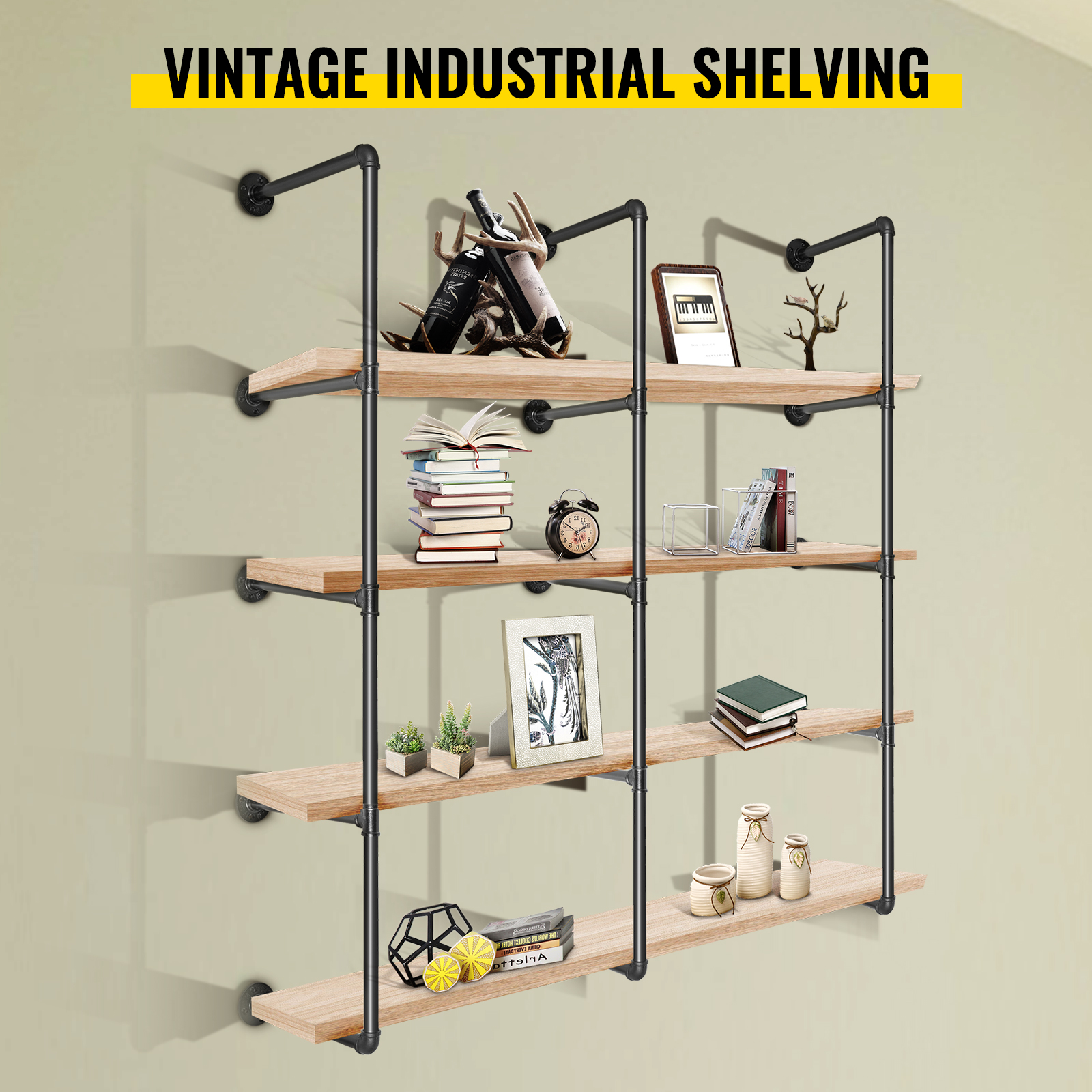 VEVOR industrial pipe shelves with books, decor, and vintage clock.