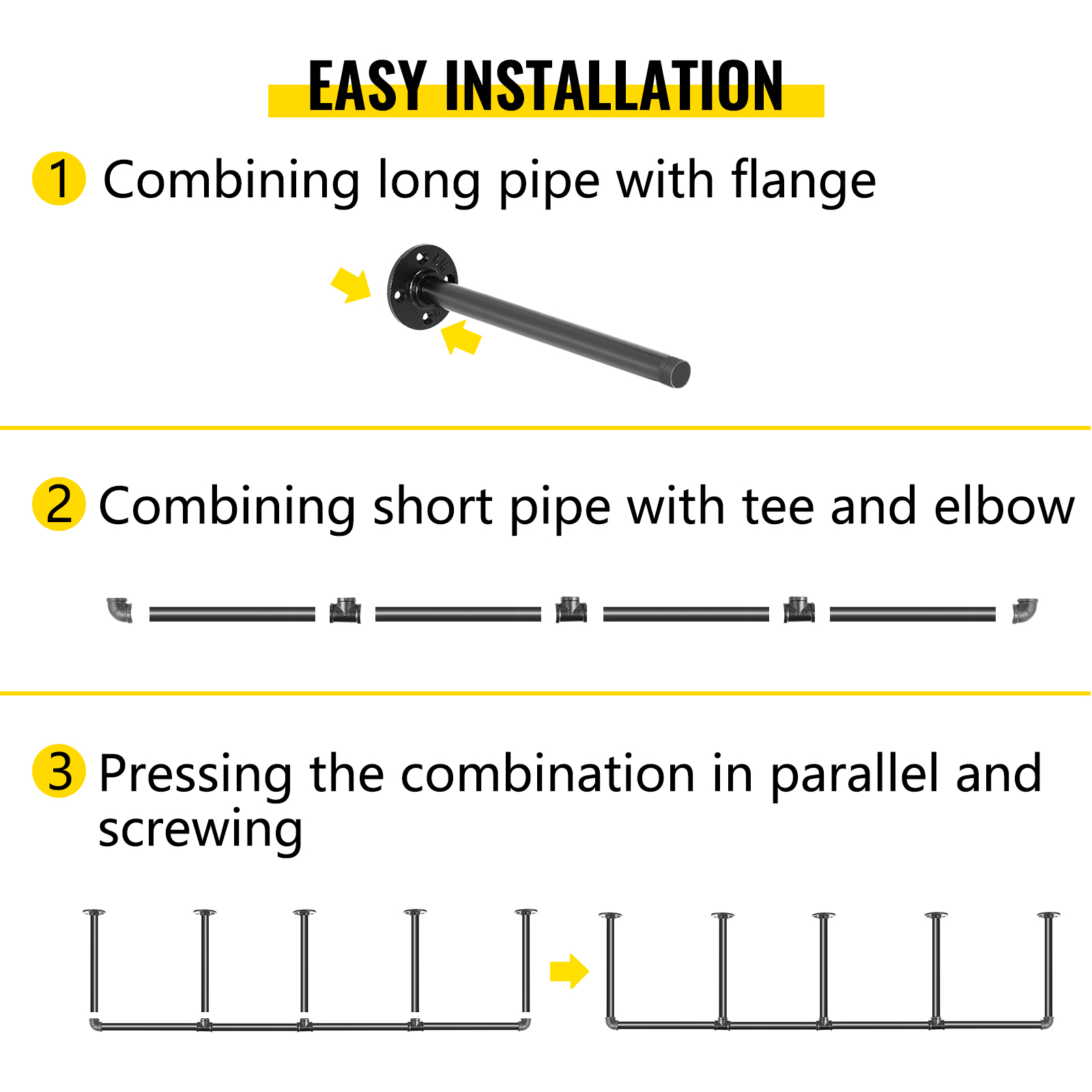 easy installation steps for VEVOR industrial pipe shelves with illustrated assembly guide.