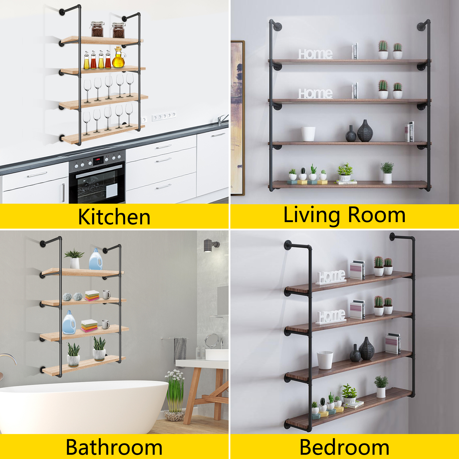 VEVOR industrial pipe shelves for kitchen, living room, bathroom, and bedroom.