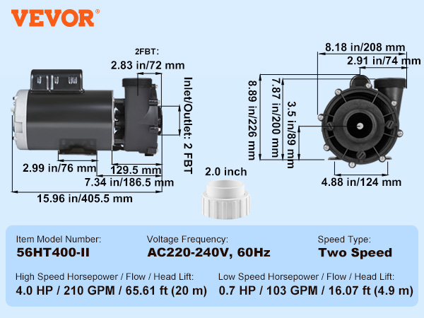 VEVOR 2 speed spa pump with dimensions, ac220-240v, 56ht400-ii model, high and low speed details.