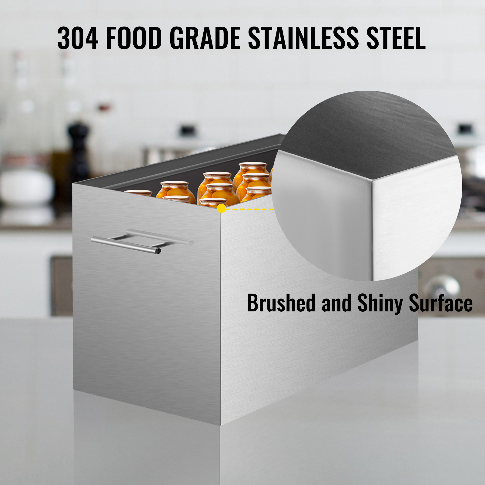 VEVOR water bath canner, 304 food grade stainless steel, brushed and shiny surface.